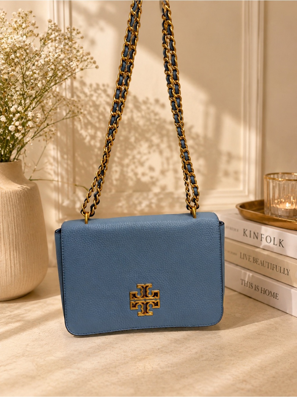 Tory Burch Britten Pebbled Leather Convertible Shoulder Bag Blue Purse EUC